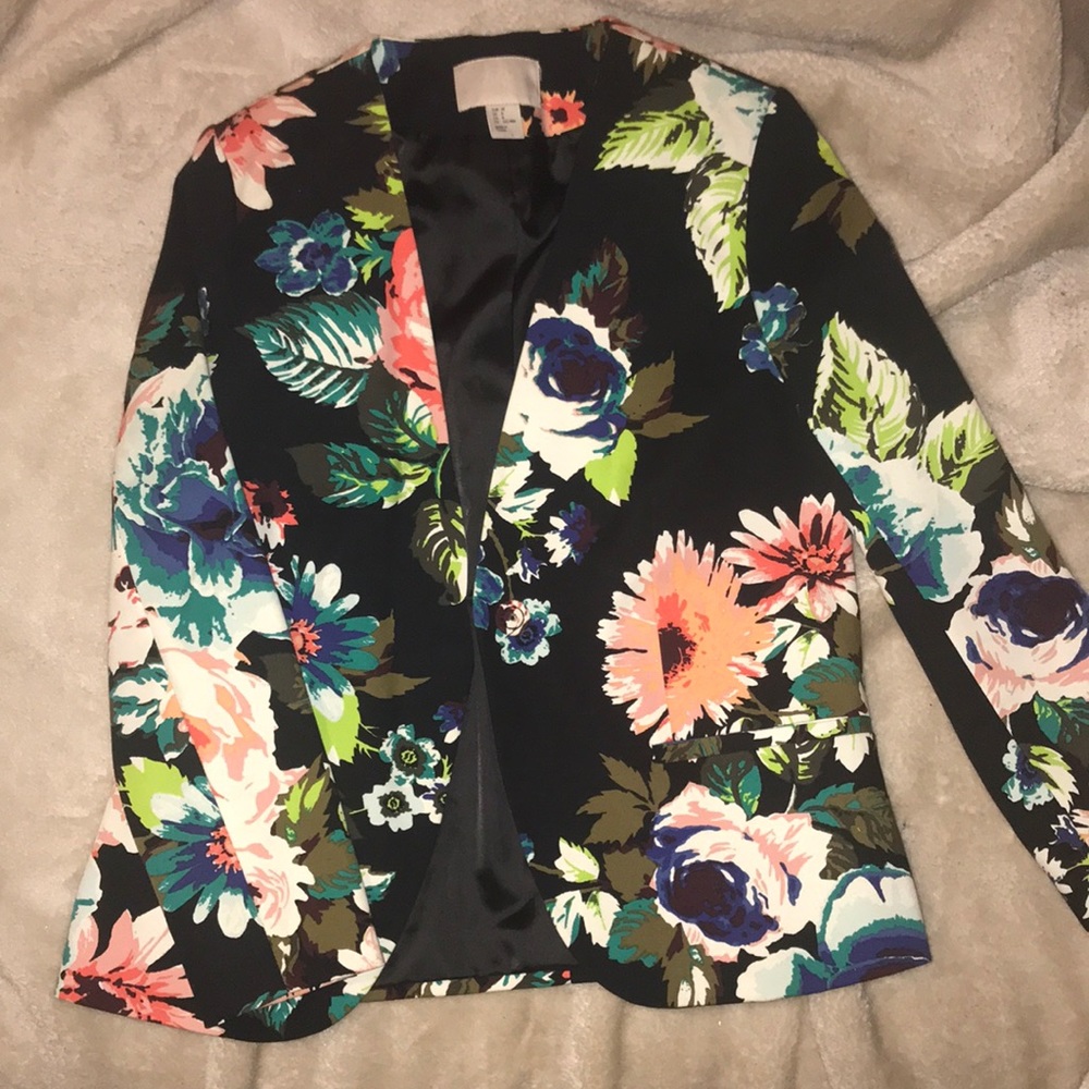 H&M Black Floral Blazer with Pink, Blue & Green Accents